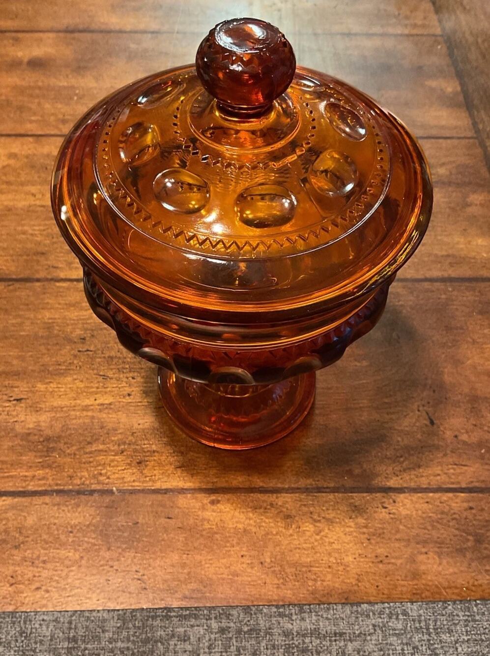 Vintage Amber Kings Crown Thumbprint Pedestal CANDY DISH LID Indiana Glass